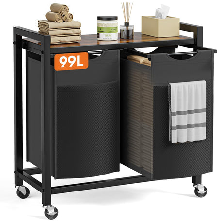 Sweetcrispy Laundry Hamper with 2 Pull-Out Removable Sorter Bags 2 × 13.1Gal (99L) Capacity, Movable Wheels, Freestanding Clothes Basket Organizer in Bathroom, Rustic Brown and Black Sweetcrispy