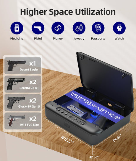 PINEWORLD Gun Safe, Biometric Gun Safes For Handgun, Pistol Safe With Fingerprint or Keypad, 4-Quick Access Unlock Gun Case for Firearm, Gun Lock Box For Nightstand Beside with APP Normal Size PINEWORLD
