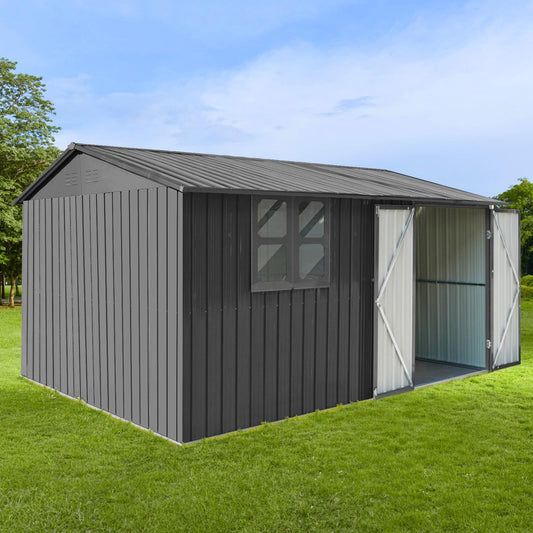 DHPM Sheds Outdoor 8FT x 6FT with Window & Oversized Storage Clearance,Metal Anti-Corrosion Utility Tool House with Lockable Hinged Door & Shutter Vents,Waterproof Garden Steel for Backyard Lawn Patio