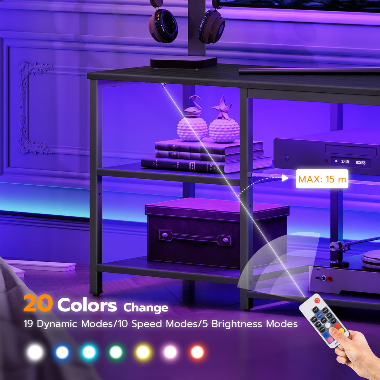 HOOBRO LED TV Stand for 65 Inch TVs with Charging Station, Gaming Entertainment Center with 3-Tier Open Storage, Long Media TV Console Table, TV Stand for Living Room, Bedroom, Black BB20UDDS01 HOOBRO