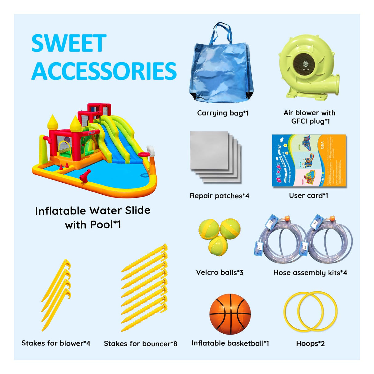 MIRUNAIR Inflatable Bounce House with Slides, Inflatable Water Slide for Kids Backyard, Bounce Water Prak with Air Blower, Splash Pool, Water Cannon, Climbing Wall, Outdoor Backyard Water Park MIRUNAIR