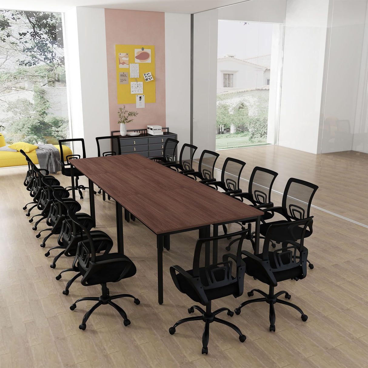 Bonzy Home Conference Table Chairs Set 14FT, 165"x47.2"x29.5" Tables & 16pcs Chairs Set for Conference Room Meeting Room Office, Walnut Bonzy Home