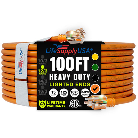 100ft Power Outdoor Extension Cord & Indoor - Waterproof Electric Drop Cord Cable - 3 Prong SJTW, 12 Gauge, 15 AMP, 125 Volts, 1875 Watts, 12/3 ETL Listed by LifeSupplyUSA - Orange (1 Pack) LifeSupplyUSA