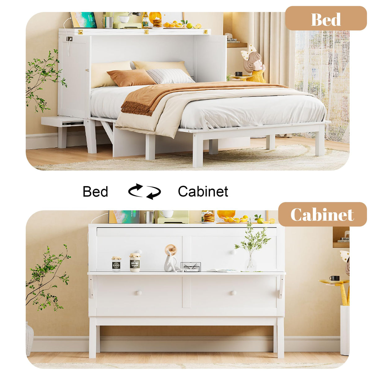 Merax Queen Murphy Bed with USB Port, Queen Murphy Cabinet, Space Saving, Solid Wood, White Merax