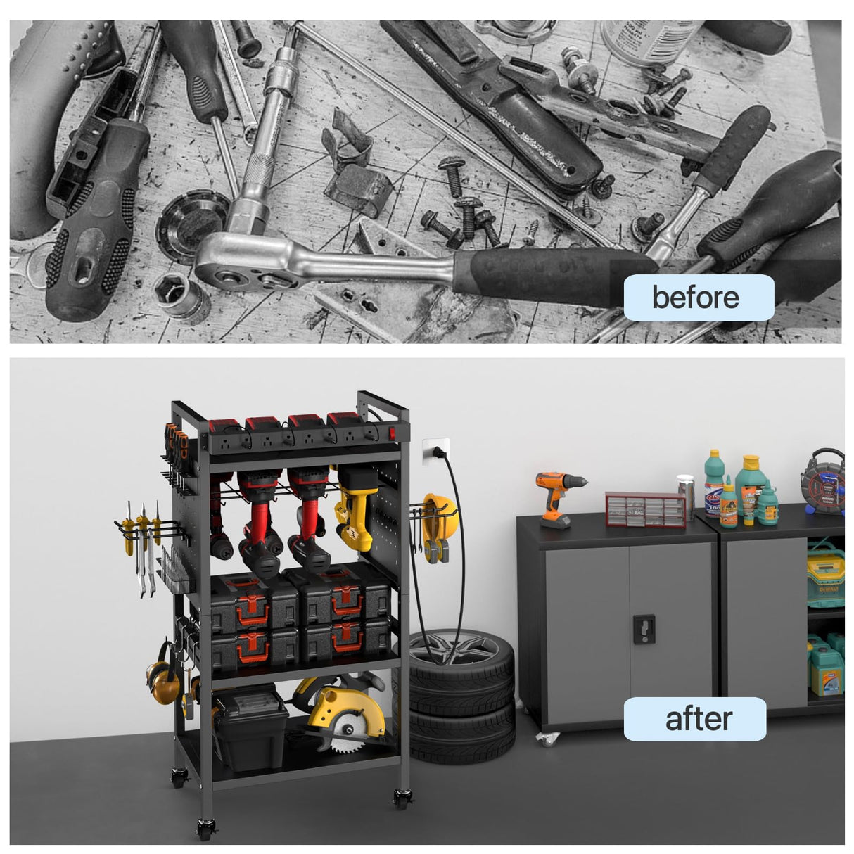 zsttion Power Tool Organizer Cart with Charging Station, 4-Tier Rolling Tool Cart for Garage Storage,Heavy-Duty Floor-Standing Storage Rack with 8-Outlet Power Strip,Supports 500 lbs zsttion