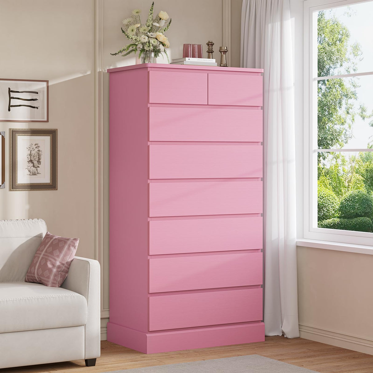 DICTAC Tall Dresser for Bedroom with 8 Drawers, 59.6" Tall Pink Dressers & Chests of Drawers, Modern Wood Closet Organizer and Storage Cabinet, Large Vertical Dresser for Bedroom, Closet, Hallway DICTAC