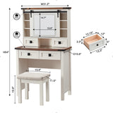 T4TREAM Farmhouse Makeup Vanity Desk with Sliding Mirror and Lights, 31.2'' Glass Tabletop White Vanity Table with 2 Drawers & Shelves, Rustic Vanity Set for Bedroom, Stool Included, Antique White T4TREAM
