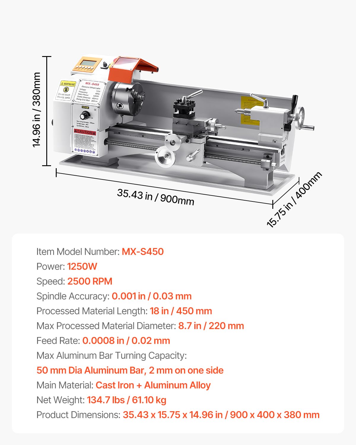 VEVOR Metal Lathe Machine, 8.7 x 18 in, Precision Bench Power Metal Lathe, Automatic Feed, 0-2500 RPM Variable Speed, 1250W Brushless Motor, for Processing Precision Parts Soft Metals Wood Plastics VEVOR