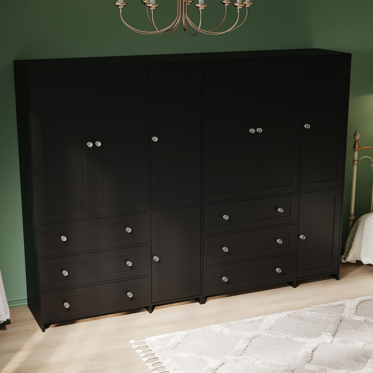 VOWNER Armoire Wardrobe Closet with Drawers and Mirror, 71" Clothing Storage Cabinet with Hanging Rod, 4 Doors Wooden Wardrobe Cabinet for Bedroom, Large Capacity Storage, Black VOWNER