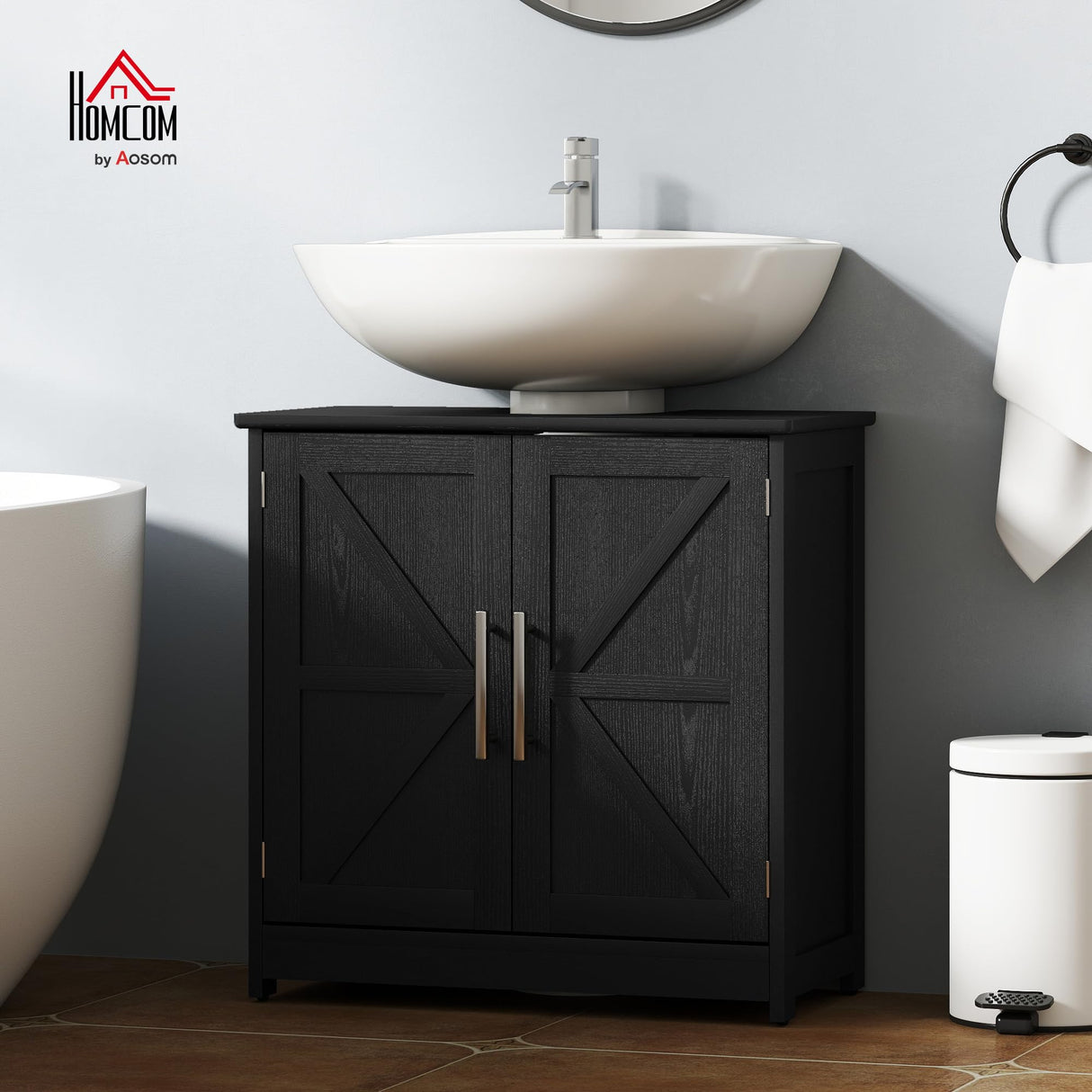 HOMCOM Pedestal Sink Storage Cabinet, Farmhouse Freestanding Bathroom Sink Cabinet with 2 Barn Doors and Adjustable Shelf, Distressed Black HOMCOM
