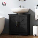 HOMCOM Pedestal Sink Storage Cabinet, Farmhouse Freestanding Bathroom Sink Cabinet with 2 Barn Doors and Adjustable Shelf, Distressed Black HOMCOM