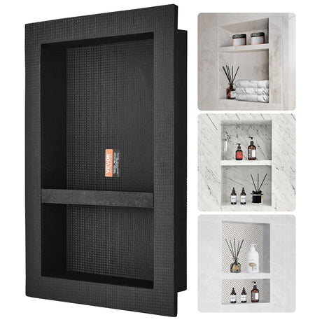 VEVOR Shower Niche Ready for Tile 16" x 24", Double Shelf Organizer, Square Corners Wall-inserted Niche Recessed, Sealed Protection Modern Soap Storage Niche for Shower Bathroom, Black VEVOR