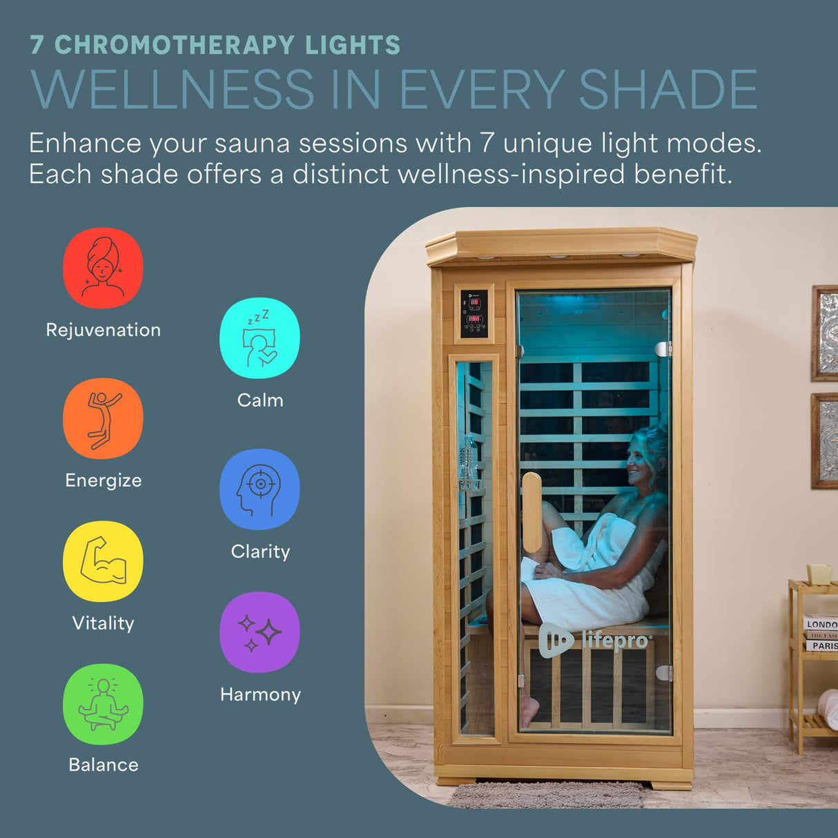 LifePro 1 Person Far Infrared Sauna for Home - Home Sauna, Tempered Glass Door, Oxygen Ionizer, & 7 Chromotherapy Lights for Indoor Sauna - Canadian Hemlock Wood Dry Sauna with Bluetooth Sound System LifePro