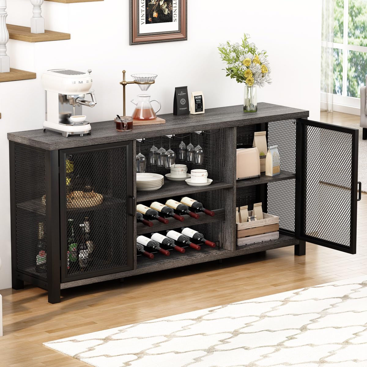 Launica Liquor Bar Cabinet, Industrial Wine Bar Cabinet, Rustic Sideboard Buffet Cabinet for Liquor, Glasses & Coffee Bar with Storage Rack for Home Kitchen Dining Room, Dark Grey Oak, 55 In Launica