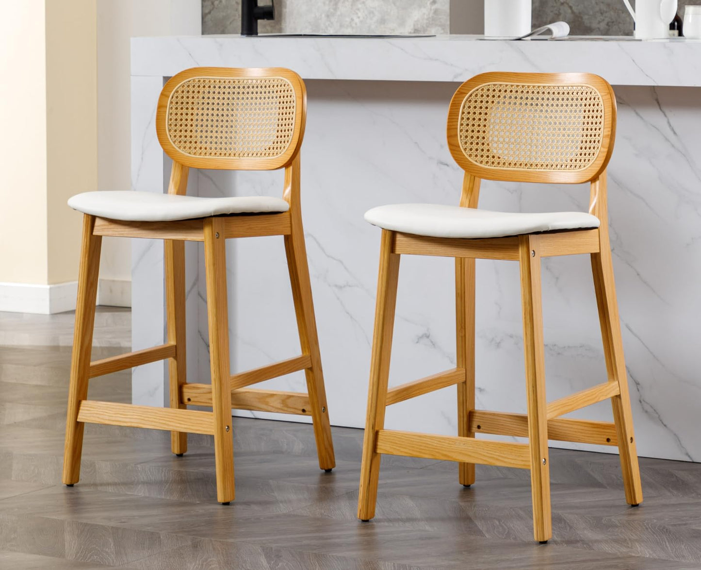 EALSON Counter Height Bar Stools Set of 4 Rattan Back Farmhouse Barstools Mid Century Modern Bar Chairs with Natural Wood Legs Comfortable Leather Upholstered Kitchen Island Chairs, White - WoodArtSupply