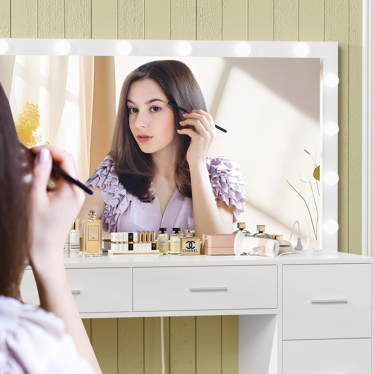 usikey 47.2" Large Vanity Desk with Lighted Mirror, 14 Lights, Makeup Vanity Table with 5 Large Drawers & Charging Station, Makeup Vanity Desk, Vanity Table Set for Bedroom, White usikey