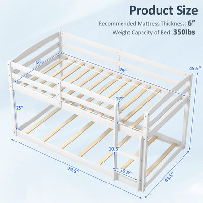 Giantex Twin Low Bunk Bed Frame - Solid Wood Twin Over Twin with Full Guardrails & Integrated Ladder, Space-Saving Design, White - WoodArtSupply