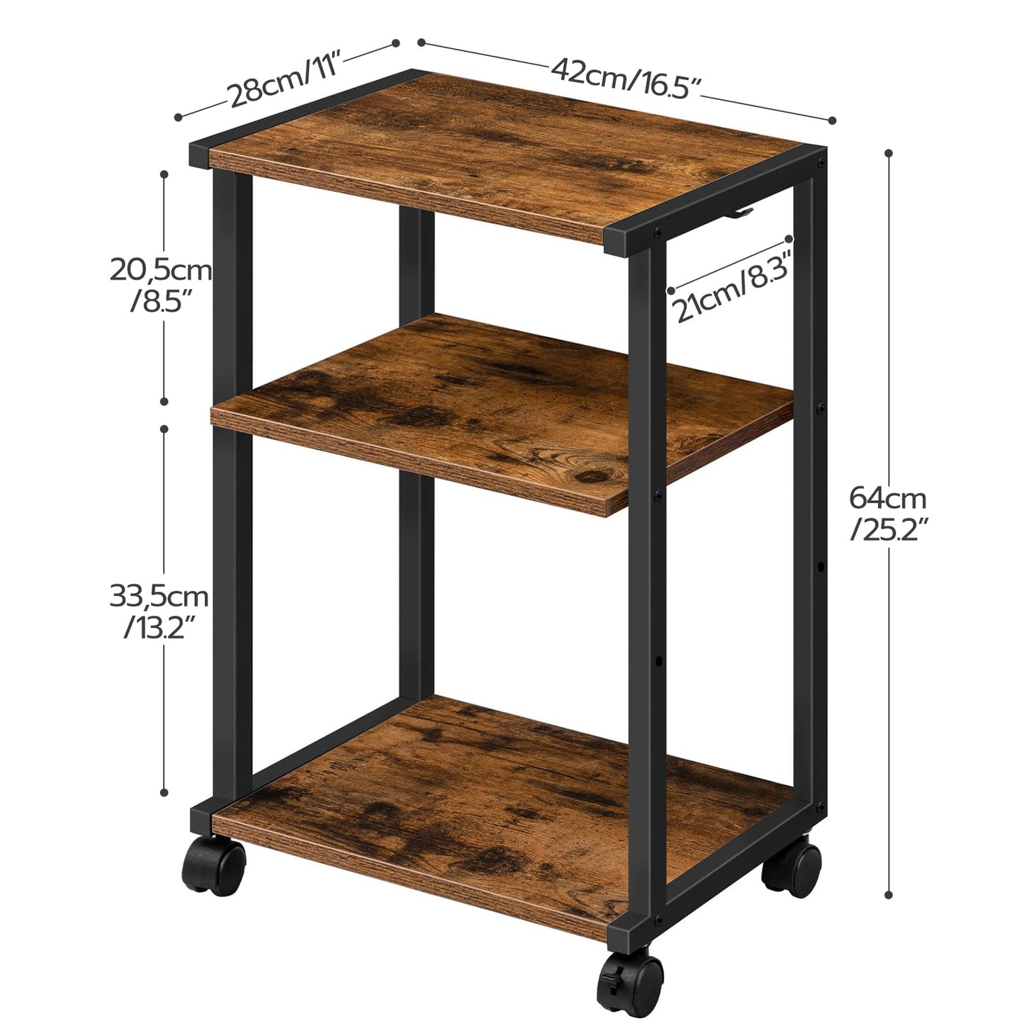 HOOBRO Mobile Printer Stand, 3-Tier Printer Cart Under Desk with Storage, Industrial Adjustable Rolling Cart, Sturdy Little Table on Wheels for Home Office BF28PS01