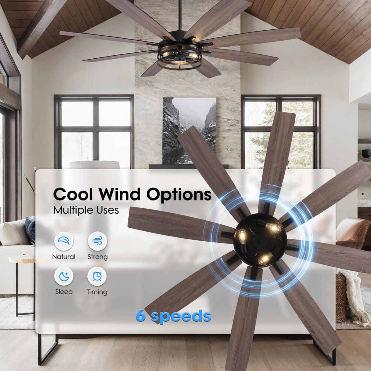 LuminFan 72 inch Large Ceiling Fans with Lights and Remote, Black Modern Ceiling Fan for Living Room, Patios, 6 Speed Reversible Quiet DC Motor, 8 Blades, Easy to Install LuminFan