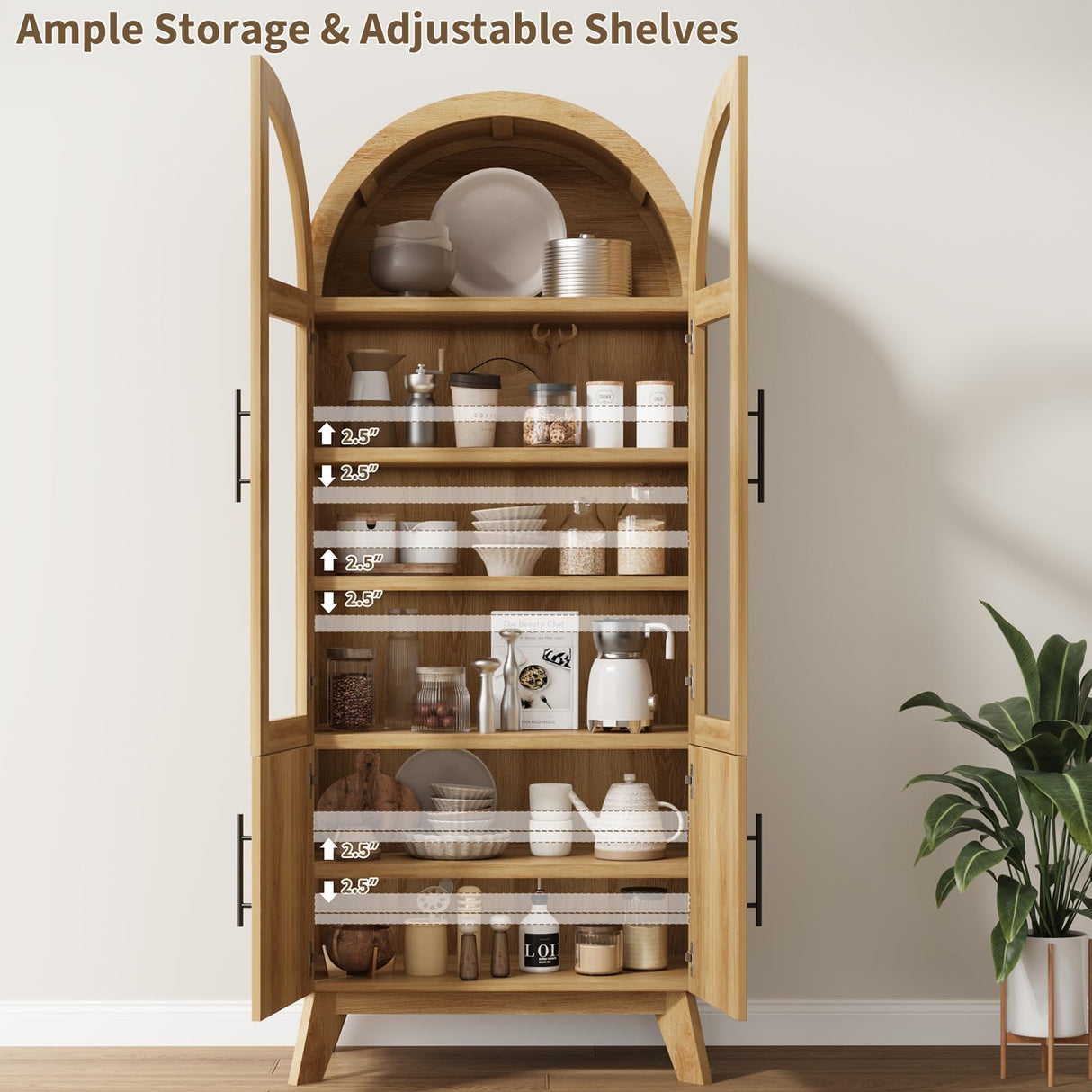 RNLRNL 71" Modern Fluted Display Cabinet with Glass Door, Arched Curio Cabinet with Adjustable Shelf, Bookcase for Collectibles Books, Storage Cabinet for Living Room, Dining Room, Natural Oak RNLRNL