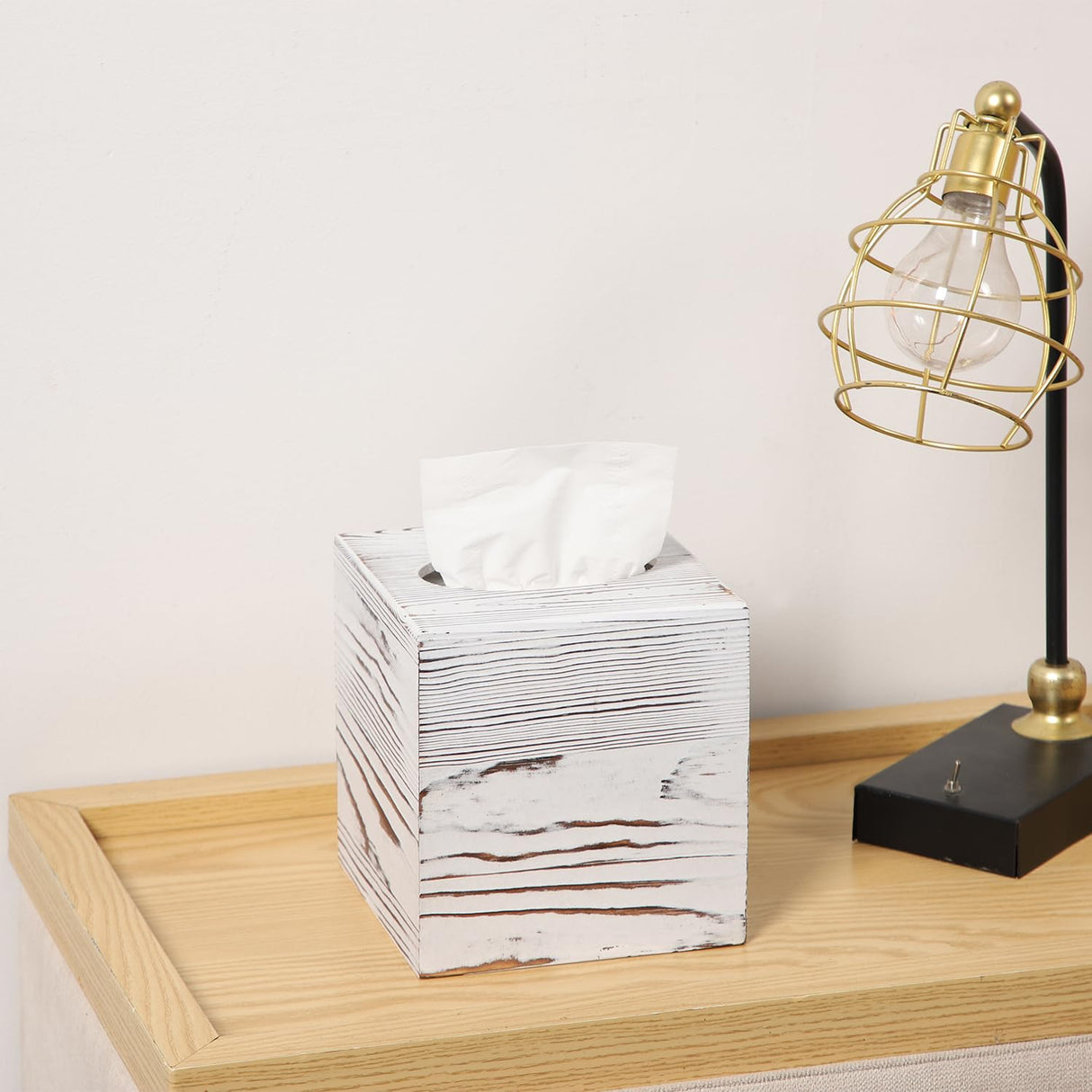 CATORY Tissue Box Cover, Wood Tissue Box Cover Square, Farmhouse Tissue Box Holder Covers Your Tissues, Decorative Tissue Cube Box Cover with Slide-Out Bottom (White) CATORY