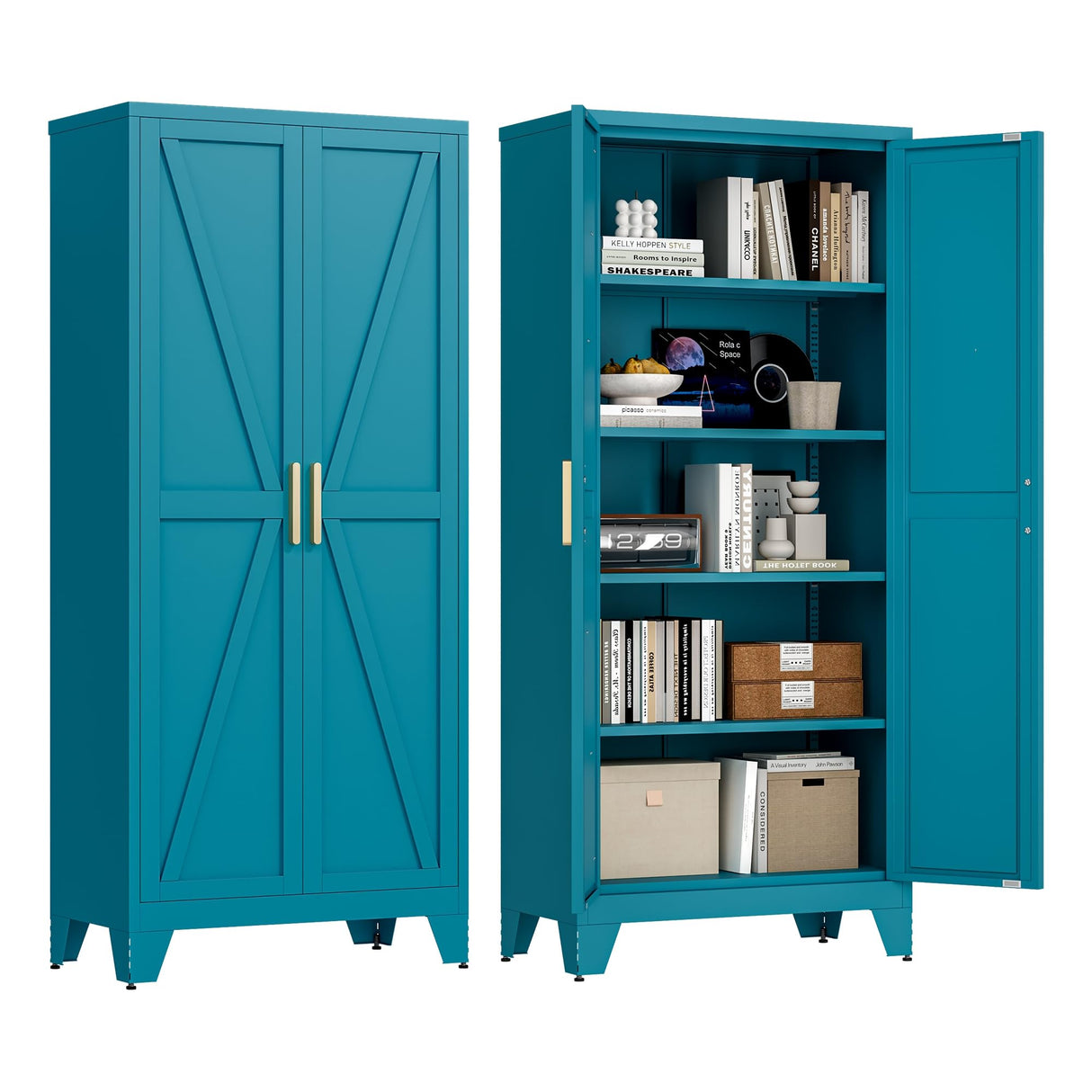 Washsemba 71'' Farmhouse Metal Storage Cabinet with Barn Doors，Steel File Cabinet for Home Office，Kitchen Pantry 4 Adjustable Shelves，Freestanding Cupboard for Kitchen，for Office, Home (Peacock Blue) Washsemba
