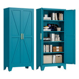 Washsemba 71'' Farmhouse Metal Storage Cabinet with Barn Doors，Steel File Cabinet for Home Office，Kitchen Pantry 4 Adjustable Shelves，Freestanding Cupboard for Kitchen，for Office, Home (Peacock Blue) Washsemba