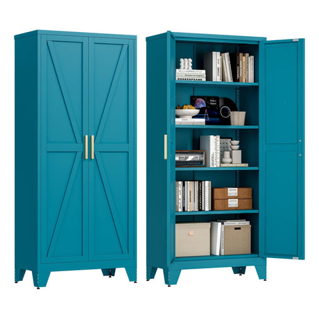 Washsemba 71'' Farmhouse Metal Storage Cabinet with Barn Doors，Steel File Cabinet for Home Office，Kitchen Pantry 4 Adjustable Shelves，Freestanding Cupboard for Kitchen，for Office, Home (Peacock Blue) Washsemba