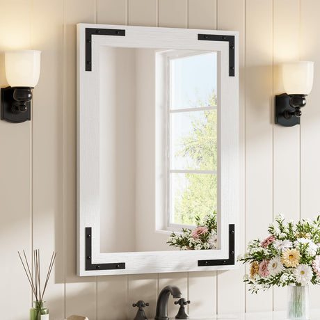 Dimelax Farmhouse Bathroom Mirror, 20"x28" Rustic Wood Framed Wall Mounted Mirror,Rustic Style Vintage Vanity Mirror，White Dimelax