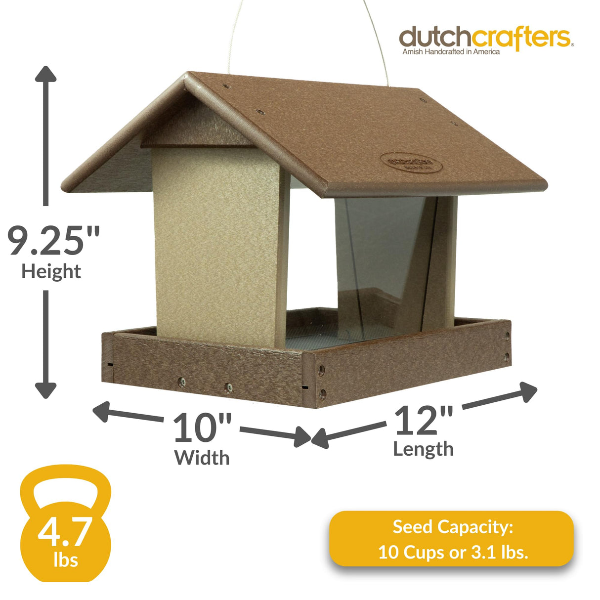 DutchCrafters Poly Hanging Hopper Bird Feeder, Large Hanging Bird Feeder for Outside, Outdoors - Amish American Made (Tudor Brown & Weatherwood) DutchCrafters