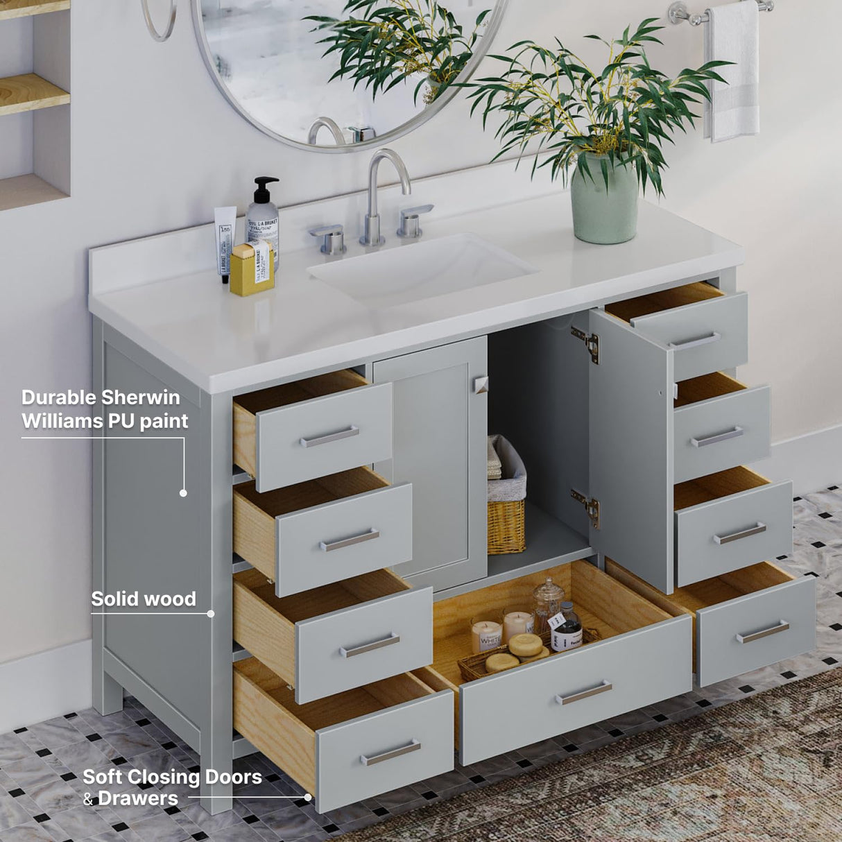 ARIEL Cambridge 55" Grey Bathroom Vanity with Sink, 1.5" Edge Pure White Quartz Countertop & Backsplash, Center Rectangular Sink, 2 Soft Closing Doors, 9 Full Extension Dovetail Drawers ARIEL