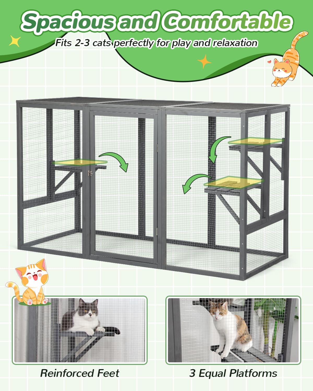 Catio Outdoor Cat Enclosure,71" L Outside Cat House Weatherproof, Wooden Catios for Cats Patio, Cat Houses with 3 Platforms (Grey, Large) Nyeekoy