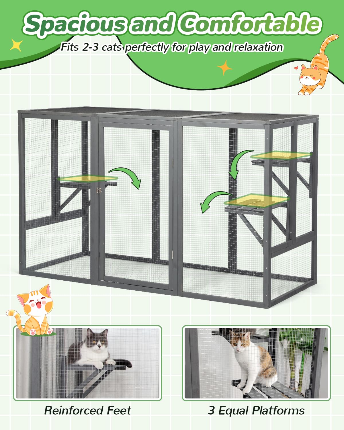 Catio Outdoor Cat Enclosure,71" L Outside Cat House Weatherproof, Wooden Catios for Cats Patio, Cat Houses with 3 Platforms (Grey, Large) - WoodArtSupply