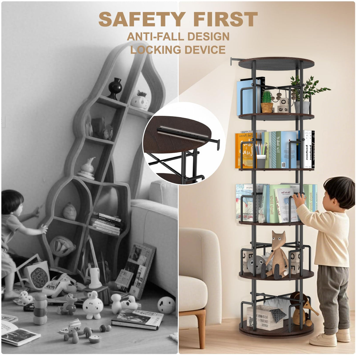 Amzeth Solid Wood Rotating Bookshelf, 5 Tiers, 360 Degree Rotating Bookshelf Tower, Round Floor Standing Rotating Bookcase with Anti-Tipping Design for Small Spaces, Corners, Bedrooms, Etc- Brown Amzeth
