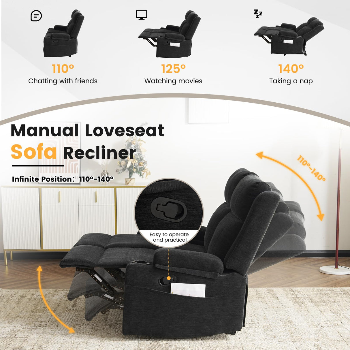 RIHEREFY Loveseat Recliner, Loveseat Sofa with Adjustable Footrest, Wall Hugger Recliner for Living Room & Home Theater & RV(Black) RIHEREFY