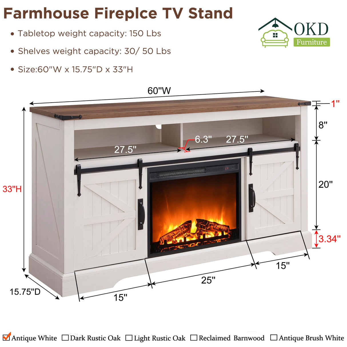 OKD Fireplace TV Stand for 65+ Inch TV, 33" Tall Highboy Farmhouse Entertainment Center w/ 23'' Electric Fireplace, Rustic Media Console w/Sliding Barn Door for Living Room, Antique White OKD