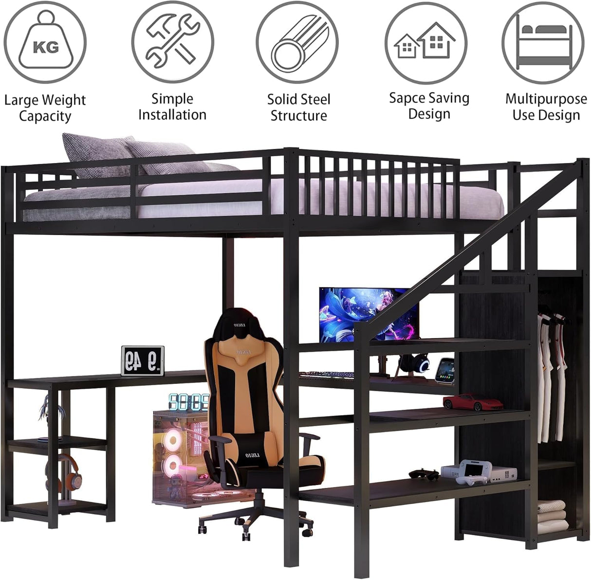 Duxelifin Queen Size Loft Bedwith Desk, Heavy-Duty Metal Loft Beds with Stairs & LED Lights, High Lofted Bed with Charging Station and Wardrobe, Gaming Loft Tall Bed for Boys Girls and Teens (Black) Duxelifin