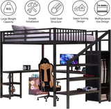 Duxelifin Queen Size Loft Bedwith Desk, Heavy-Duty Metal Loft Beds with Stairs & LED Lights, High Lofted Bed with Charging Station and Wardrobe, Gaming Loft Tall Bed for Boys Girls and Teens (Black) Duxelifin