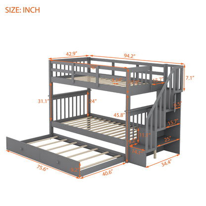 Twin Over Twin Bunk Bed with Trundle and Stairs, Solid Wood Bunk Beds Frame with Storage for Kids, Teens, Adults, Bedroom, Dorm. No Box Spring Needed (Gray)