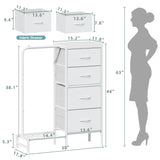 HIGDBFE Dresser with Hanging Rack, 4 Drawers Small Dresser for Bedroom, Reversible Fabric Kids Chest of Drawers for Closet with Clothes Rack, Tall Storage Tower, Sturdy Frame, White, 44''H HIGDBFE