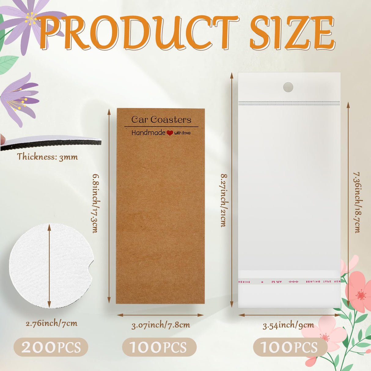 Tioncy 400 Pcs Sublimation Car Coaster Blank Set, 200 Pcs 2.76'' Blank Sublimation Coaster 100 Self Adhesive Bag 100 Sublimation Car Coaster Display Card for Thermal Sublimation DIY Craft (Brown) Tioncy