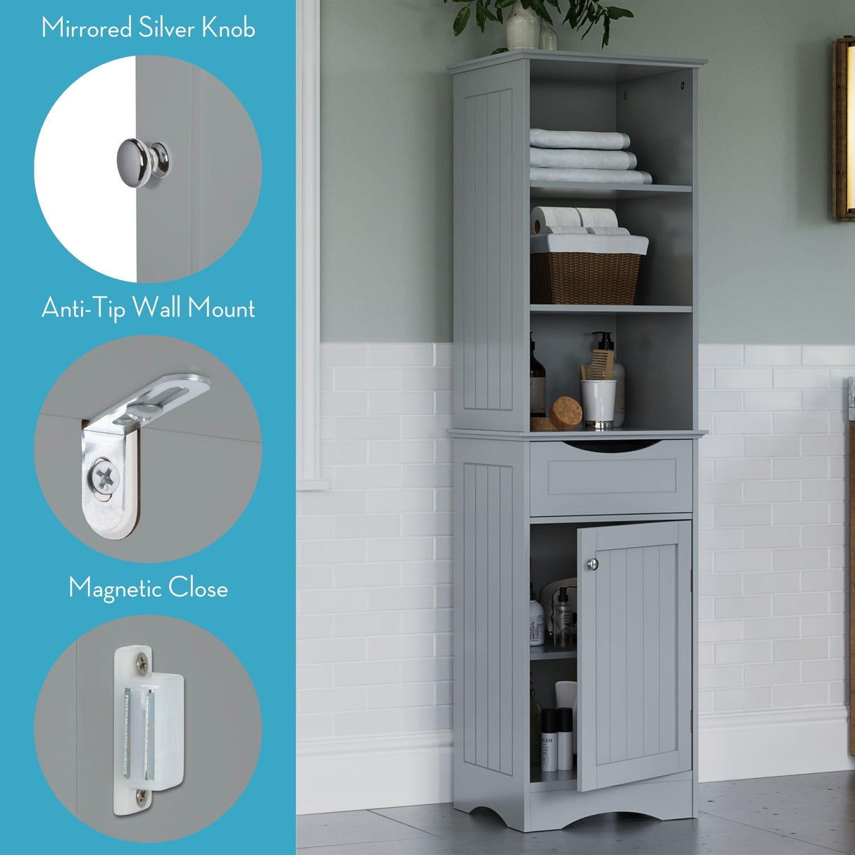 RiverRidge, Gray Ashland Bathroom Freestanding Storage Cabinet with Three Open Shelves and Drawer, Size RiverRidge