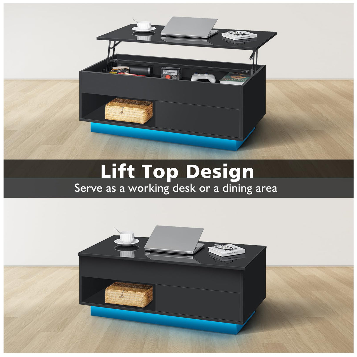 HOMMPA Lift Top Coffee Table with Storage LED Coffee Table Morden High Gloss Living Room 3 Tiers Modern Tea Table with Storage Center Tables Hidden Compartment & Open Shelve & Drawer Black HOMMPA