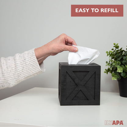 Ilyapa Wood Tissue Box Cover Farmhouse X Patterned- Rustic Farmhouse Black Wood Tissue Holder