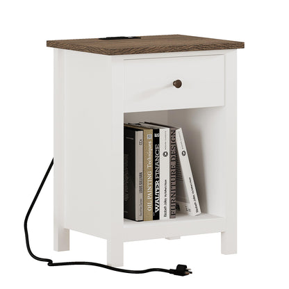 ChooChoo Farmhouse Nightstand with Charging Station, Wooden Top Bedside End Table with Drawer and Storage Space for Bedroom, White - WoodArtSupply