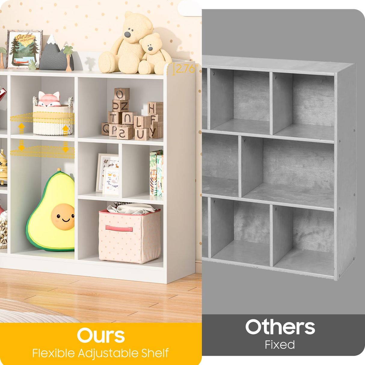 Vabches Kids Cube Bookshelf & Toy Storage Organizer, 3 Tier 10 Storage Cubes with Adjustable Shelf, White Wood Horizontal Cube Bookcase, Book Toy Display Cube Shelf for Kids Room Bedroom Nursery Vabches