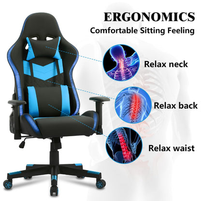 Computer Gaming Chair with LED Lights, RGB Video Gaming Chair with Comfortable Leather and High Back, Gaming Chair with Adjustable Lumbar Support for Adults and Teens（Blue）