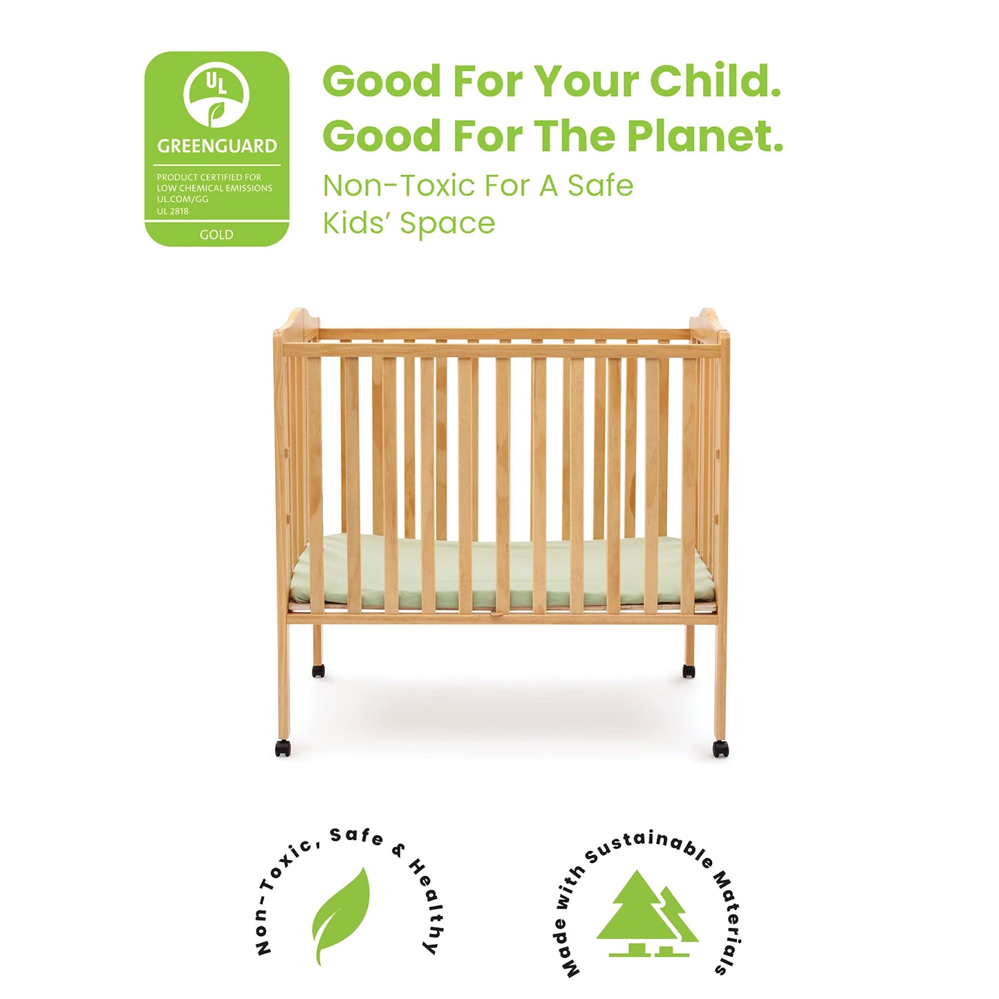 Delta Children Folding Portable Mini Baby Crib with 1.5-inch Mattress - Greenguard Gold Certified, Natural - WoodArtSupply