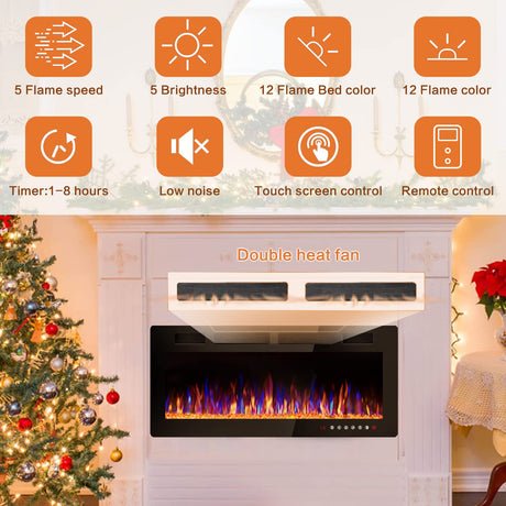 Vitesse 72 inch Ultra-Thin Electric Fireplace in-Wall Recessed and Wall Mounted Fireplace Heater,Linear Fireplace with Multicolor Flame,Timer,Low Noise,750/1500W,Touch Screen & Remote Control(72’’) VITESSE