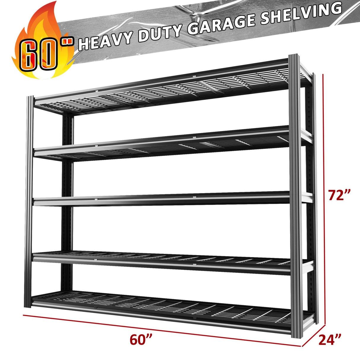 VDEVY 60" W x 72" H x 24" D Garage Shelving Heavy Duty,5 Tier Adjustable Metal Shelves Storage Rack,3030 LBS Large Industrial Shelving Unit for Basement,Warehouse,Garage Organization VDEVY